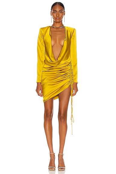 LaQuan Smith Ruched Cowl Neck Mini Dress in Moss | FWRD LaQuan Smith Ruched Cowl Neck Mini Dress in Moss | FWRD