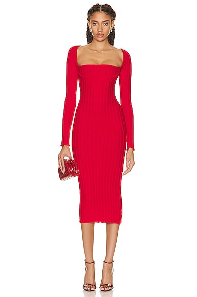 LaQuan Smith Off The Shoulder Midi Dress in Red