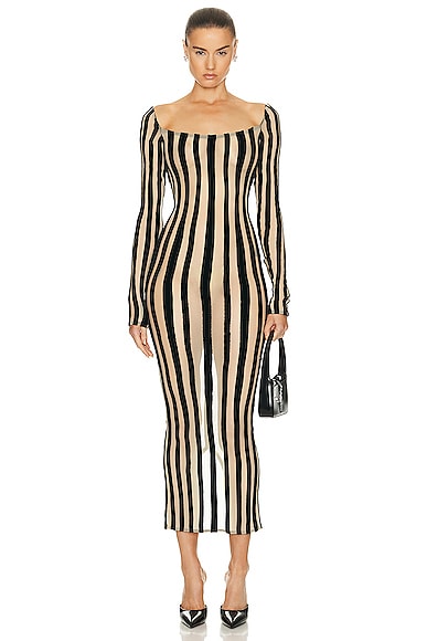 LaQuan Smith Boat Neck Striped Mid Length Gown in Black,Beige