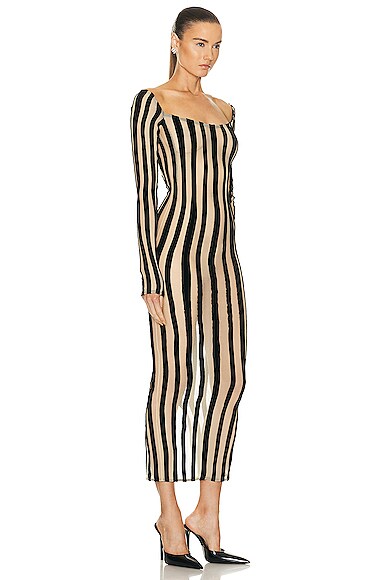 Shop Laquan Smith Boat Neck Striped Mid Length Gown In Black