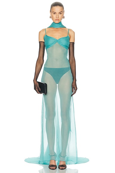 LaQuan Smith Neck Tie Gown in Turquoise