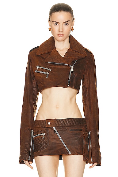 LaQuan Smith Cropped Moto Jacket in Brown