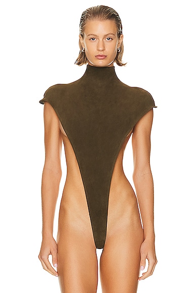 Shop Laquan Smith Mock Neck High Cut Bodysuit In Dark Olive