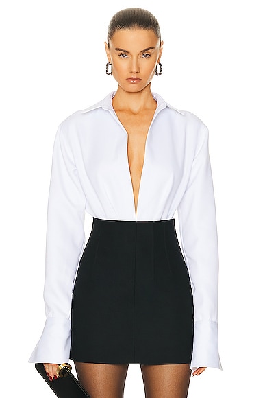 LaQuan Smith Open Front Collared Bodysuit in White