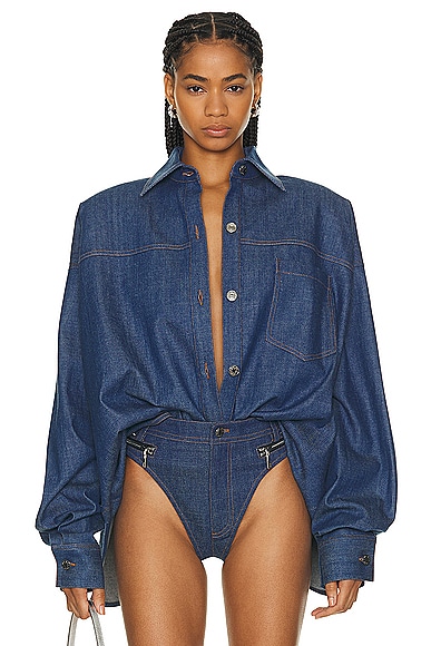 LaQuan Smith Oversized Button Down Shirt in Dark Blue