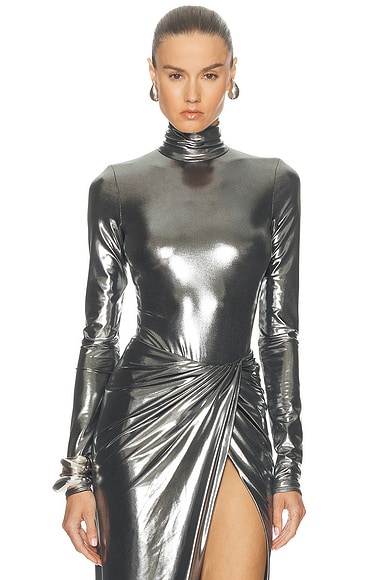 LaQuan Smith Long Sleeve Mock Neck Bodysuit in Silver