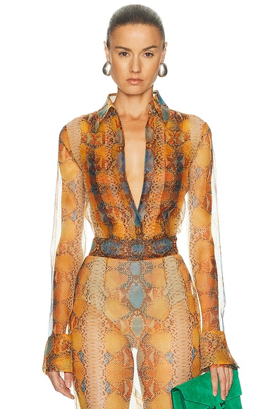 LaQuan Smith Pleat Front Long Sleeve Blouse in Snake