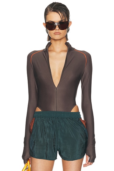 LaQuan Smith Long Sleeve Top Stitch Bodysuit in Chocolate & Orange