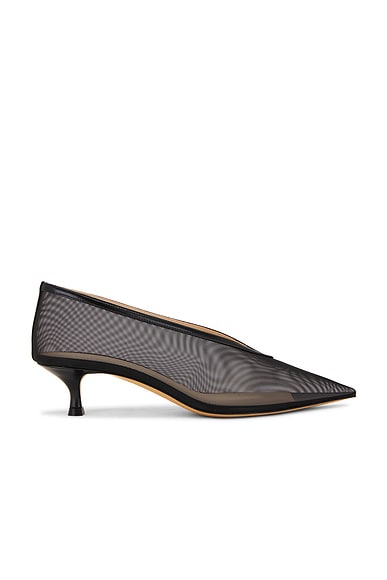 LE MONDE BÉRYL Babouche Naplack Leather Kitten Heel in Black Mesh