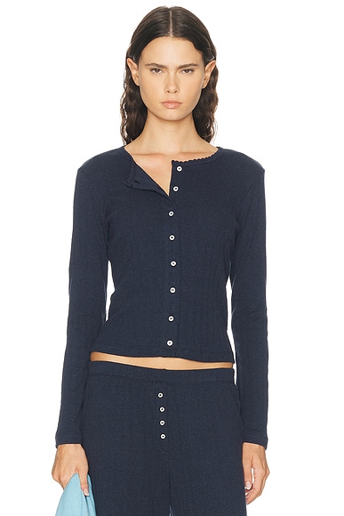 LESET Pointelle Classic Cardigan in Midnight Melange
