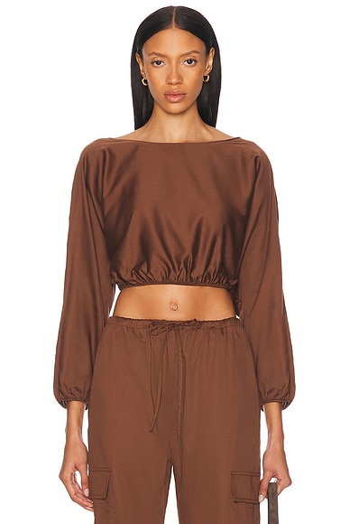 LESET Yoko Long Sleeve Blouson Top in Chocolate