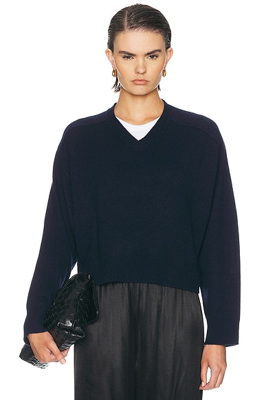 Loulou de Saison Anzor V-Neck Saddle-Sleeve Sweater in Navy