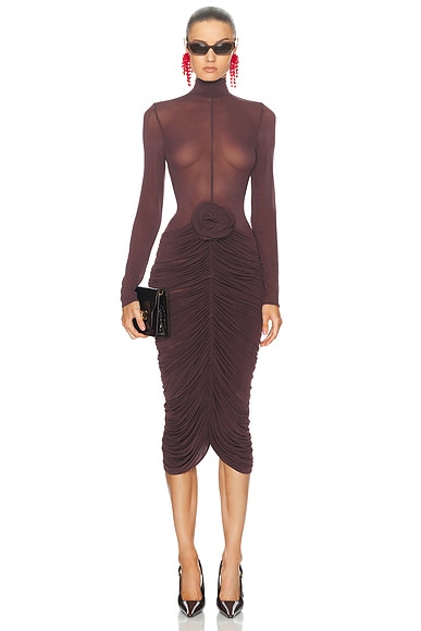 Magda Butrym Long Sleeve Sheer Midi Dress in Burgundy