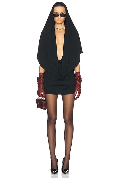 Magda Butrym Hooded Plunge Neck Mini Dress in Black