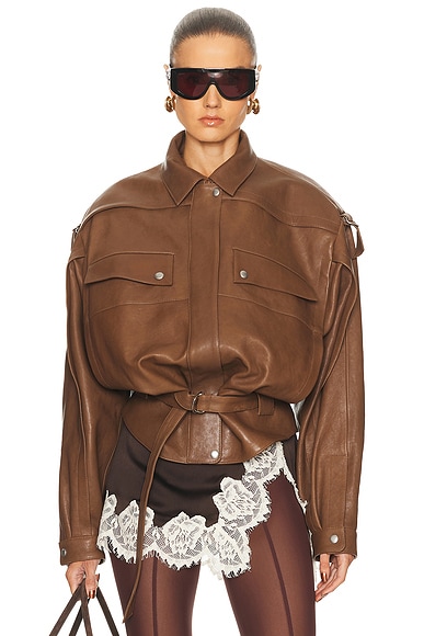 Belted Leather Bomber Jacket