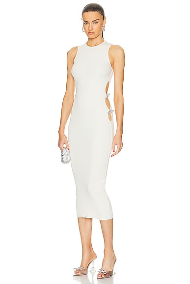Stretch Knit Midi Dress With Cut Out Crystal Bow Sides in Ivory