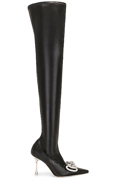 Mach & Mach Double Bow Crystal-embellished Faux Patent-leather Over-the-knee Boots In Black