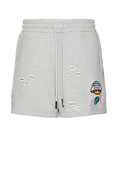 Members of the Rage Distressed Small Logo Shorts in Heather Grey