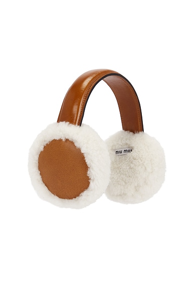 Miu Miu Shearling Earmuffs in Cognac & Naturale