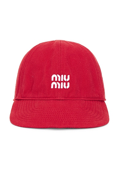 Miu Miu Denim Washed Nastro Baseball Hat in Rosso & Tabacco