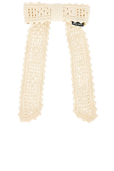 Miu Miu Crochet Filet Bow Beret Hair Clip in Talco