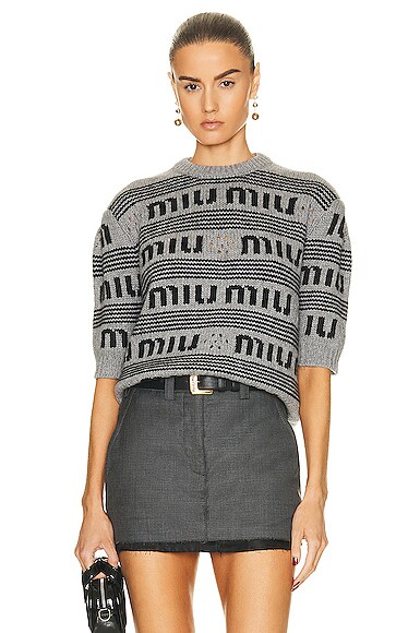 Miu Miu Logo Cashmere Sweater in Grigio Nero FWRD