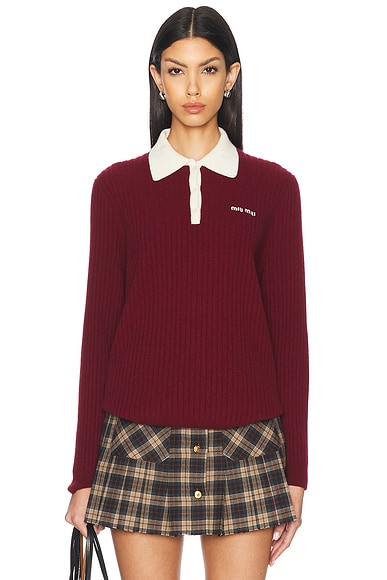 Miu Miu Long Sleeve Polo Sweater in Amaranto & Natural