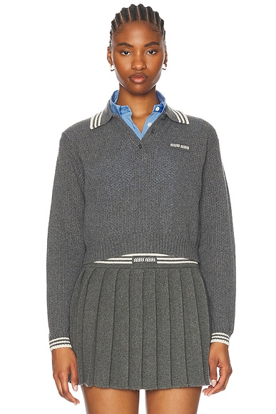 Miu Miu Long Sleeve Polo Sweater in Ardesia