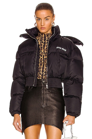 Miu Miu Cropped Nylon Down Jacket in Nero | FWRD