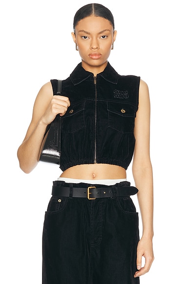 Miu Miu Cropped Velvet Vest in Nero