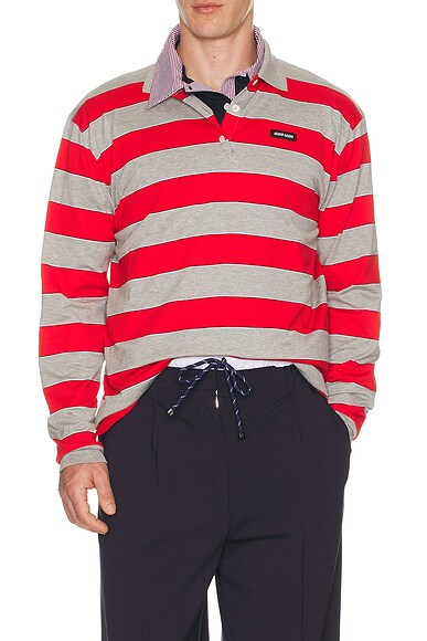 Miu Miu Long Sleeve Polo Top in Rosso & Grigio