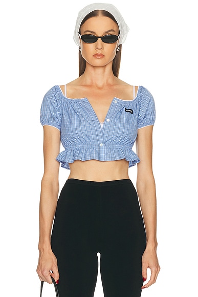 Miu Miu Cropped Check Blouse in Celeste