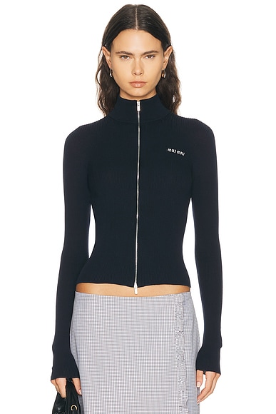 Miu Miu Cotton Ribs Zip Up Top in Bleu