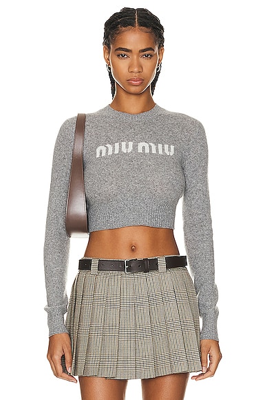 Miu Miu Cropped XL Logo Cotton Long Sleeve in Grey | Smart Closet