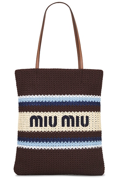 Miu Miu Logo Tote Bag in Cacao, Celeste, & Natural