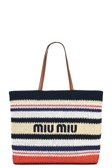 Miu Miu Tessuto Stripes Bag in Blu, Rosso, & Naturale