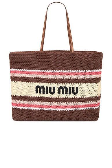 Miu Miu Tessuto Stripes Tote Bag in Tabacco, Fragola, & Naturale