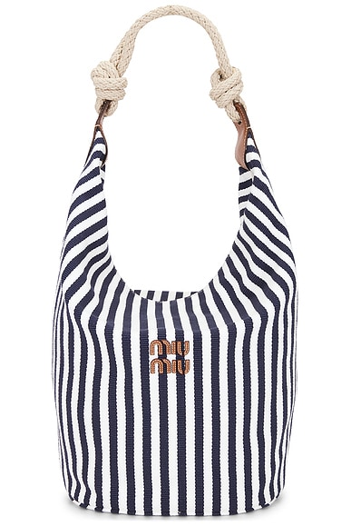 Miu Miu Cannette Righe Pelle Tote Bag in Blu & Cognac