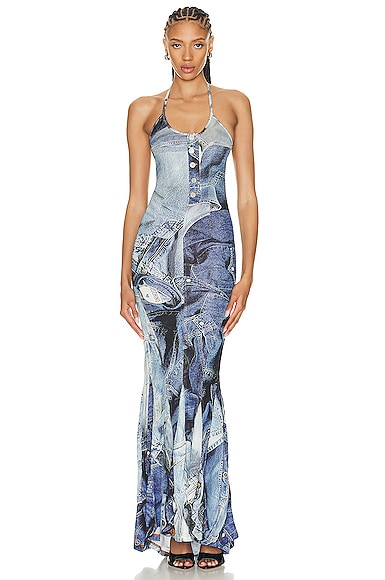 【関税&送料込】Moschino Jeans Dress With Drape Moschino Jeans Long Denim Dress in Fantasy Print | FWRD