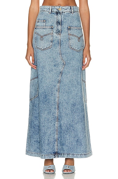 Moschino Jeans Long Denim Skirt in Fantasy Print Blue