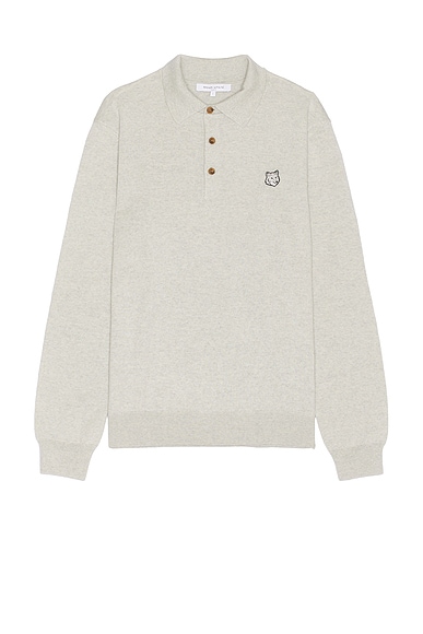 Maison Kitsune Bold Fox Head Patch Polo Jumper in Light Grey Melange