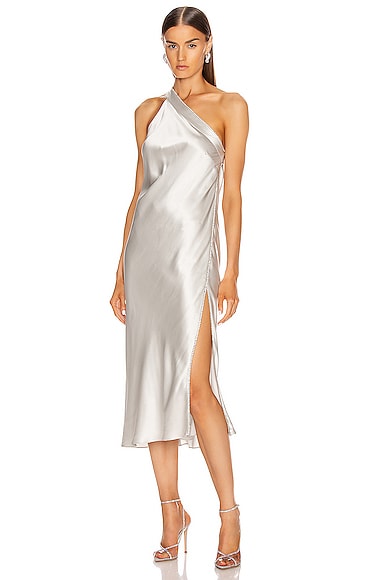 Michelle Mason Crystal Midi Dress In Platinum