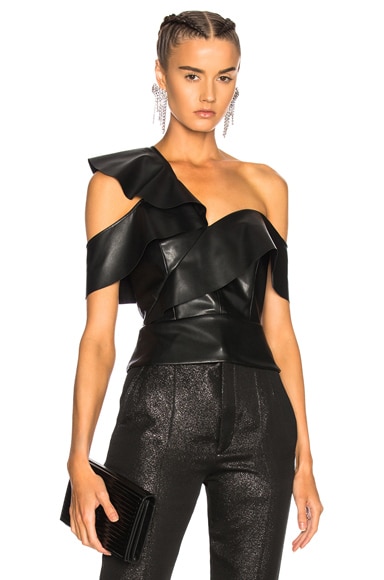 Michelle Mason Faux Leather Ruffle Top in Black Faux | FWRD