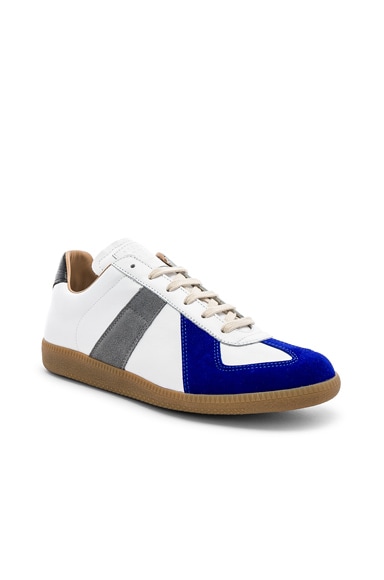 Maison Margiela Leather Replica Low Tops in White & Blue | FWRD