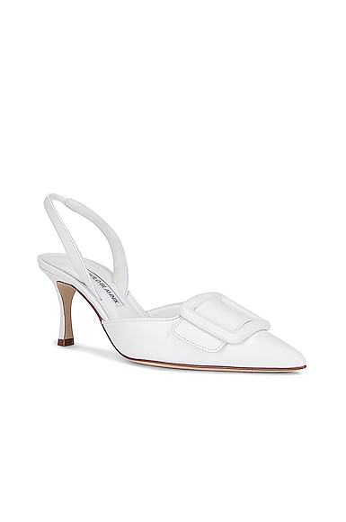 Manolo Blahnik Maysli Leather Buckle Halter Pumps In White