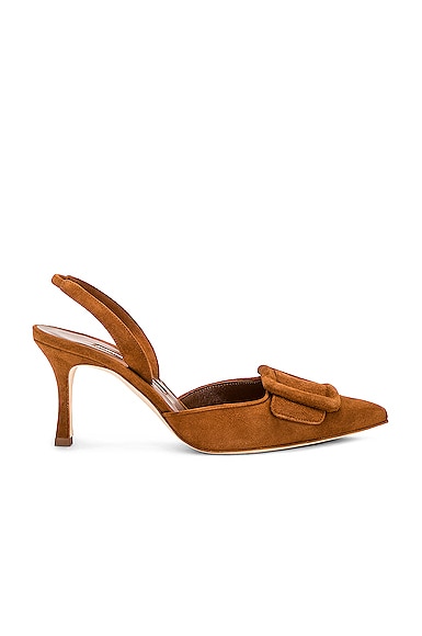 Shop Manolo Blahnik Maysli 70 Suede Slingback In Medium Brown
