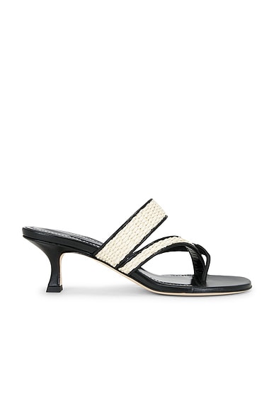 Manolo Blahnik Susa 50 Sandal in Light Khaki & Black