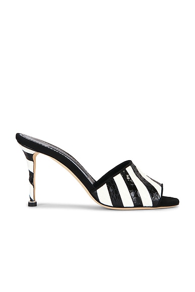 Manolo Blahnik Larache 90 Mule Sandal in White & Black