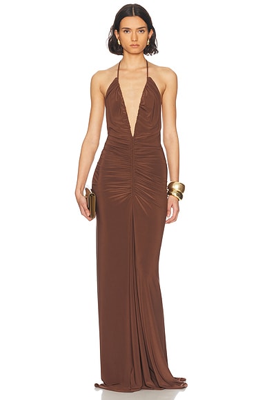 V Neck Draped Dress in Brown