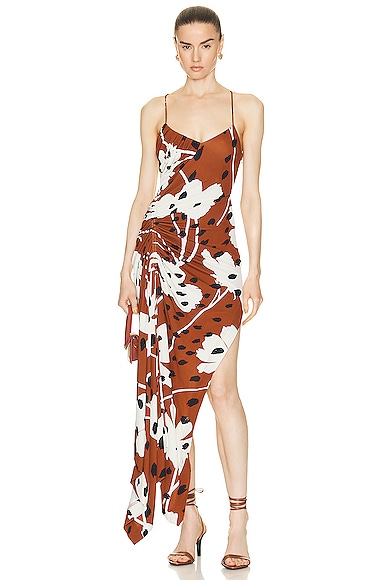 Shop Monse Floral Print Draped Slip Dress In Brown Multi